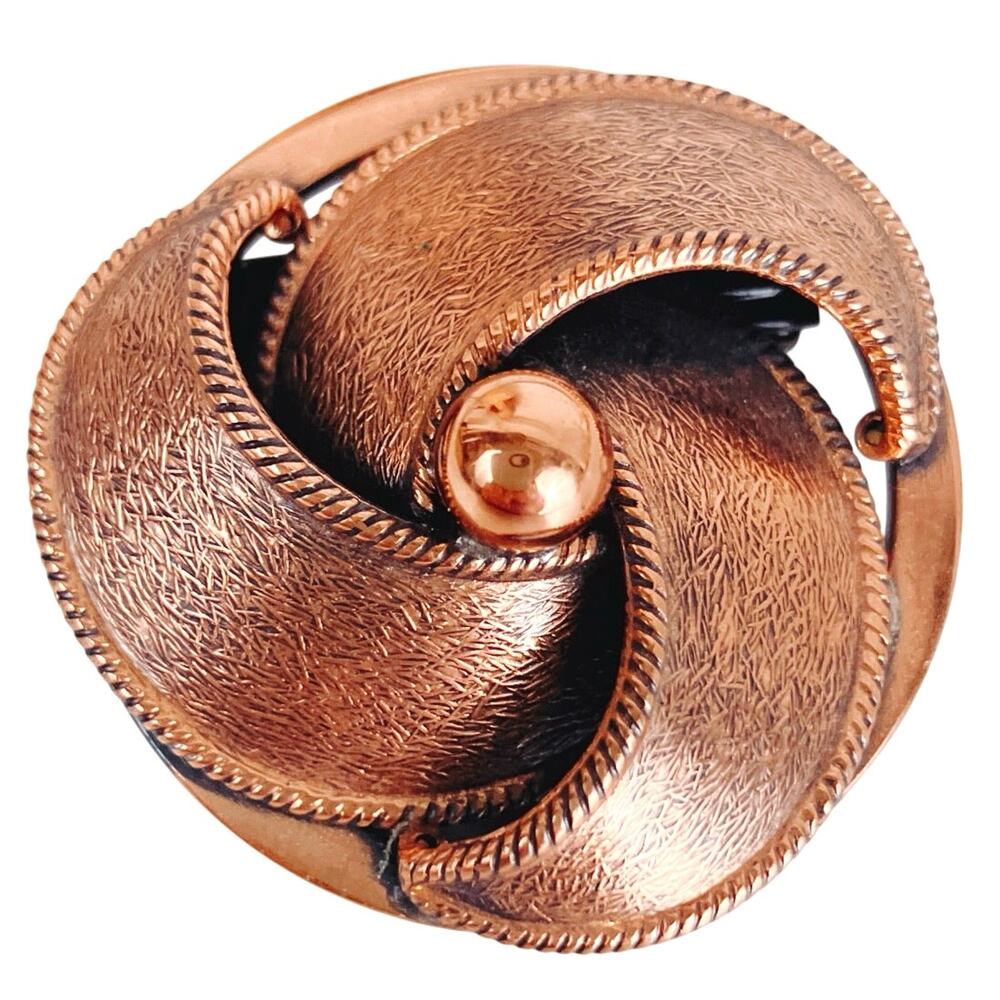 VTG Mid Century Brooch Solid Copper Swirl Black Enamel Back 1950s 1960s